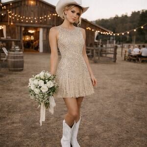 Vintage Cache Gold Sequin Mini Dress Western Bride Stagecoach Bachelorette Glam